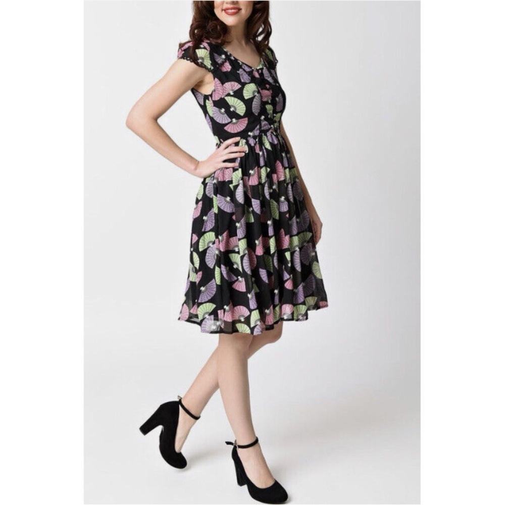 Lindy Bop Francy Geshia Fan Print Dress Retro Pinup Rockabilly, size 4
